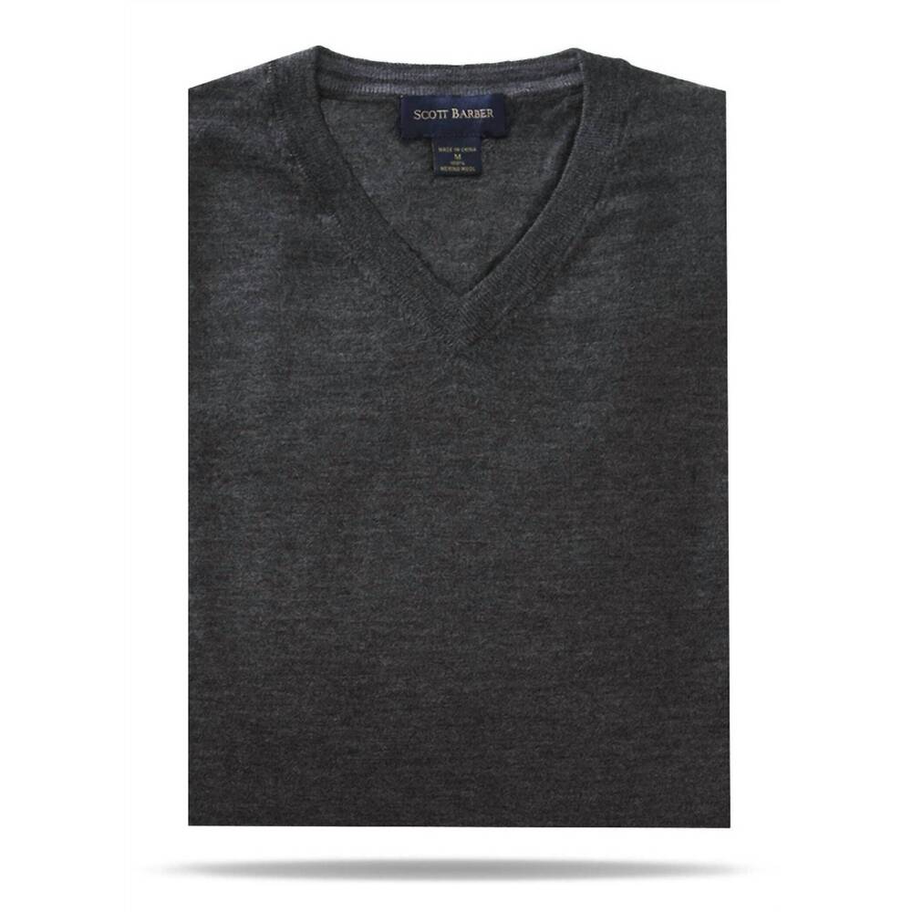NEW SCOTT BARBER men's merino v-neck sweater in charcoal